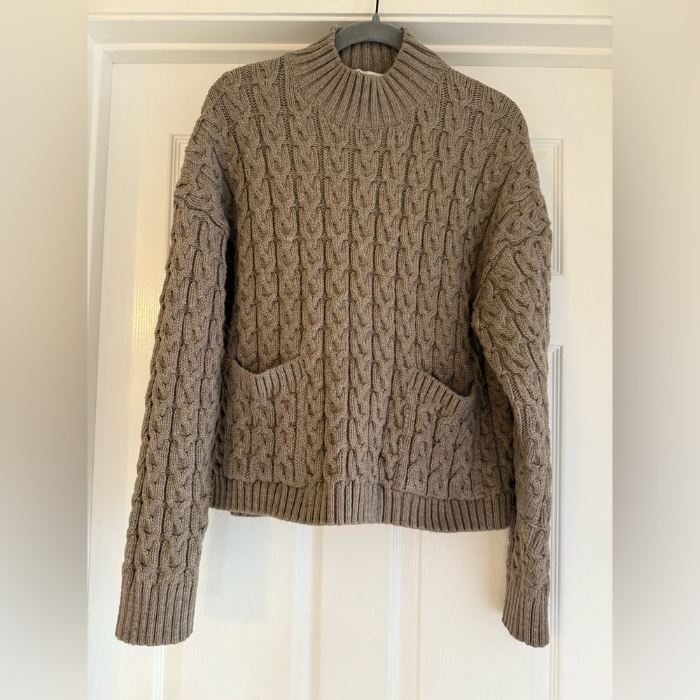 ZARA Taupe Cable‎ Knit Mock Neck Sweater Size M Wool Blend Chunky Boxy Pockets
